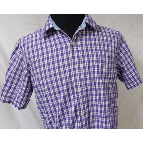 Chaps Easy Care Mens Large Purple Check Short Sleeve Button Down Logo Shirt - Picture 2 of 10